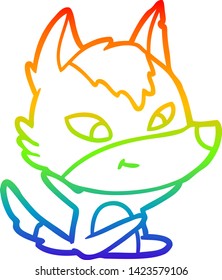 dibujo de una línea de gradiente de arco iris de un lobo de caricatura amistoso