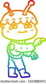 rainbow gradient line drawing of a friendly cartoon spaceman pointing
