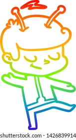 Regenbogen-Farbverlauf-Linie Zeichnung eines freundlichen Cartoon-Raumfahrer Tanz