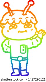 rainbow gradient line drawing of a friendly cartoon spaceman