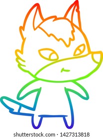 dibujo de una línea de gradiente de arco iris de un lobo de caricatura amistoso