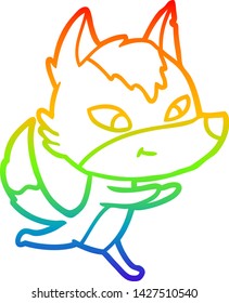 desenho de linha de gradiente do arco-íris de um lobo de desenho animado amigável correndo