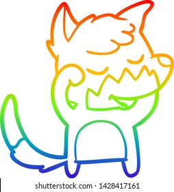 rainbow gradient line drawing of a friendly cartoon fox waking up