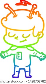 rainbow gradient line drawing of a friendly cartoon spaceman