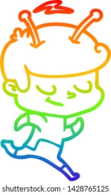 desenho de linha de gradiente arco-íris de um amigável astronauta de desenhos animados correndo