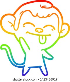rainbow gradient line drawing of a funny cartoon monkey waving