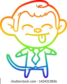 rainbow gradient line drawing of a funny cartoon monkey wearing shirt and tie