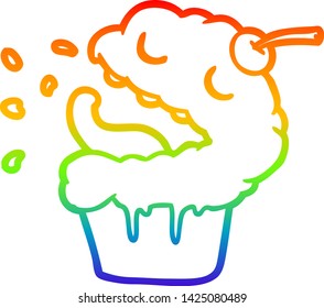 rainbow gradient line drawing of a funny cupcake