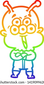 rainbow gradient line drawing of a happy cartoon alien