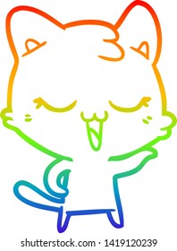 dibujo de una línea de gradiente de arco iris de un gato de dibujos animados feliz