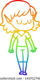 rainbow gradient line drawing of a happy cartoon elf girl
