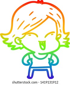 rainbow gradient line drawing of a happy cartoon girl