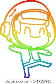 dibujo de una línea de gradiente de arco iris de un hombre astronauta de dibujos animados feliz