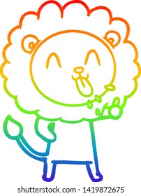 dibujo de una línea de gradiente de arco iris de un feliz león de caricatura