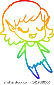 rainbow gradient line drawing of a happy cartoon elf girl