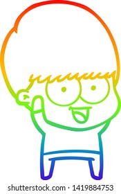 Regenbogen-Farbverlauf-Zeichnung eines glücklichen Cartoon-Jungen winkend