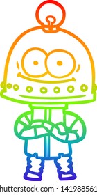 rainbow gradient line drawing of a happy carton robot with light bulb