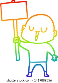 dibujo de una línea degradada de un hombre calvo de dibujos animados feliz con signo