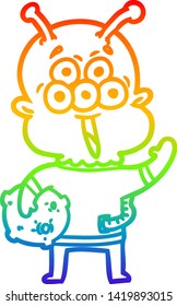 rainbow gradient line drawing of a happy cartoon alien with moon rock