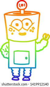 rainbow gradient line drawing of a happy cartoon robot waving hello
