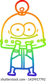 dibujo de una línea de gradiente arco iris de un robot de cartón feliz con bombilla