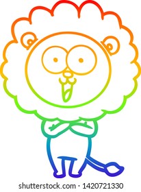 dibujo de una línea de gradiente de arco iris de un feliz león de caricatura