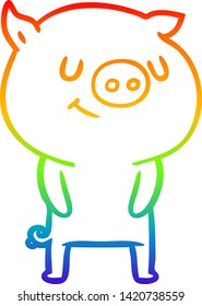 rainbow gradient line drawing of a happy cartoon pig