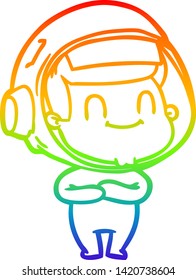 rainbow gradient line drawing of a happy cartoon astronaut man