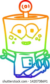 dibujo de una línea de gradiente de arco iris de un robot de dibujos animados feliz