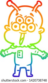 dibujo de una línea de gradiente de arcoiris de un extraterrestre alegre de caricatura