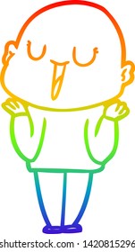 rainbow gradient line drawing of a happy cartoon bald man shrugging shoulders