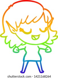 rainbow gradient line drawing of a happy cartoon elf girl