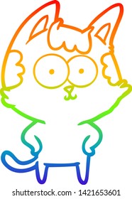 dibujo de una línea de gradiente de arco iris de un gato de dibujos animados feliz