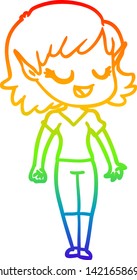 rainbow gradient line drawing of a happy cartoon elf girl