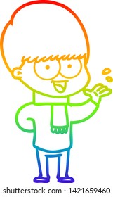 dibujo de una línea de gradiente de arco iris de un niño de caricatura feliz ondeando