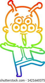 dibujo de una línea de gradiente de arco iris de una alegre caricatura que baila alienígena
