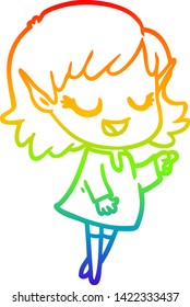 rainbow gradient line drawing of a happy cartoon elf girl pointing