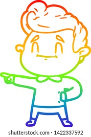 dibujo de una línea de gradiente de arco iris de un hombre de dibujos animados alegre señalando