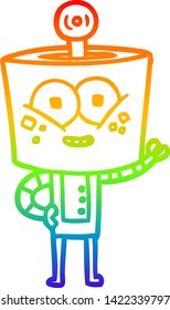 dibujo de una línea de gradiente de arco iris de un robot de dibujos animados feliz