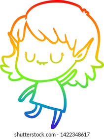 dibujo de la línea de gradiente del arcoiris de una alegre chica elfo de caricatura con vestido