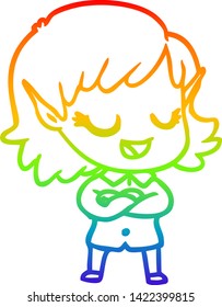rainbow gradient line drawing of a happy cartoon elf girl