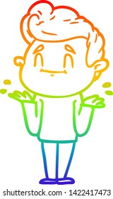 dibujo de una línea degradada de un hombre de dibujos animados feliz encogiéndose de hombros