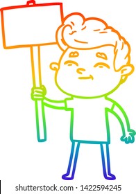 rainbow gradient line drawing of a happy cartoon man with sign