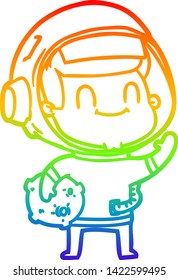 rainbow gradient line drawing of a happy cartoon astronaut man