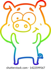 rainbow gradient line drawing of a happy cartoon pig