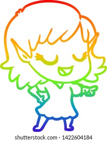 rainbow gradient line drawing of a happy cartoon elf girl