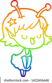 rainbow gradient line drawing of a happy alien girl cartoon