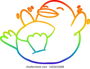 dibujo de una línea de gradiente de arco iris de un pingüino de dibujos animados feliz