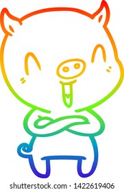rainbow gradient line drawing of a happy cartoon pig