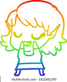 rainbow gradient line drawing of a happy cartoon elf girl